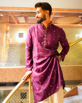 Men’s Heavy Designer Long Kurta Pajama – Purple Embroidered - Jaipuri Crown